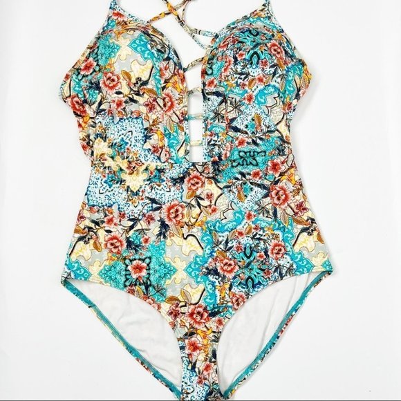Jets By Jessika Allen Blue Multi Floral Plunge Swimsuit - Picture 3 of 13